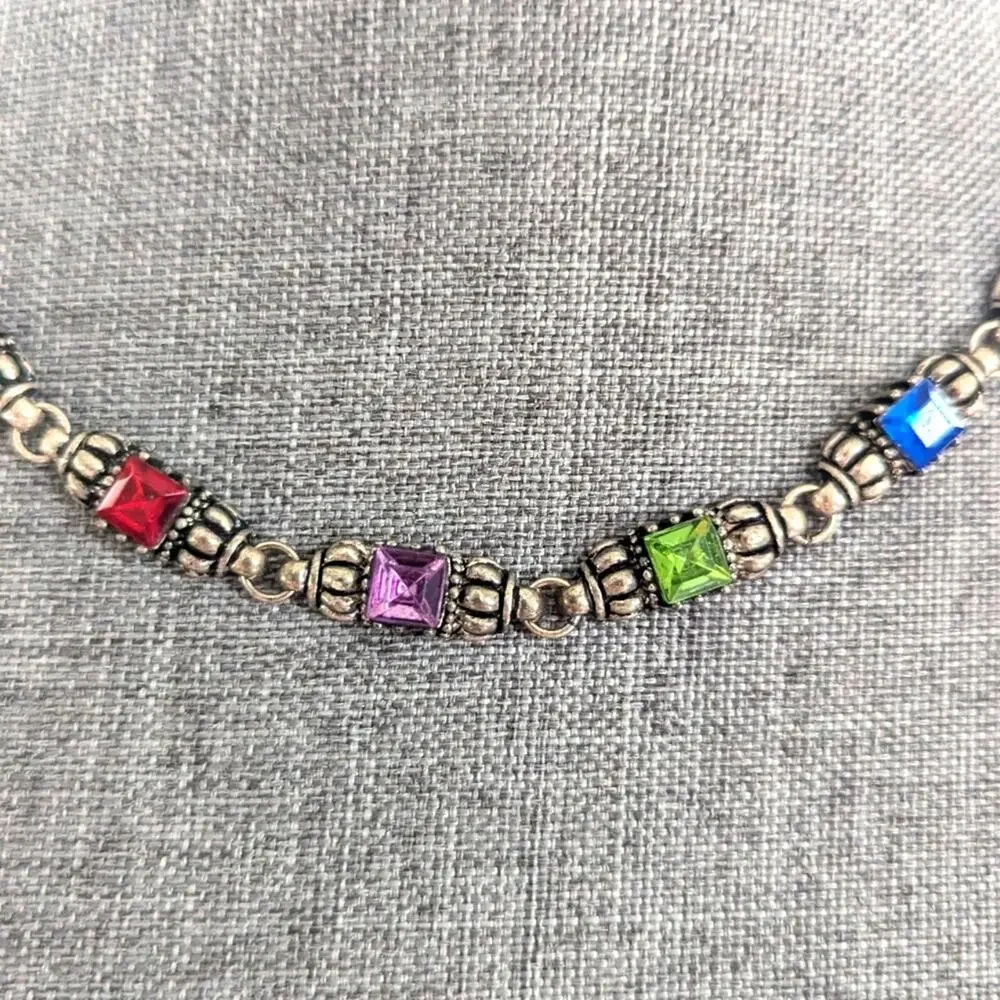 Vintage Silver Tone Ornate Bright Glass Gemstone Choker Style Boho Necklace